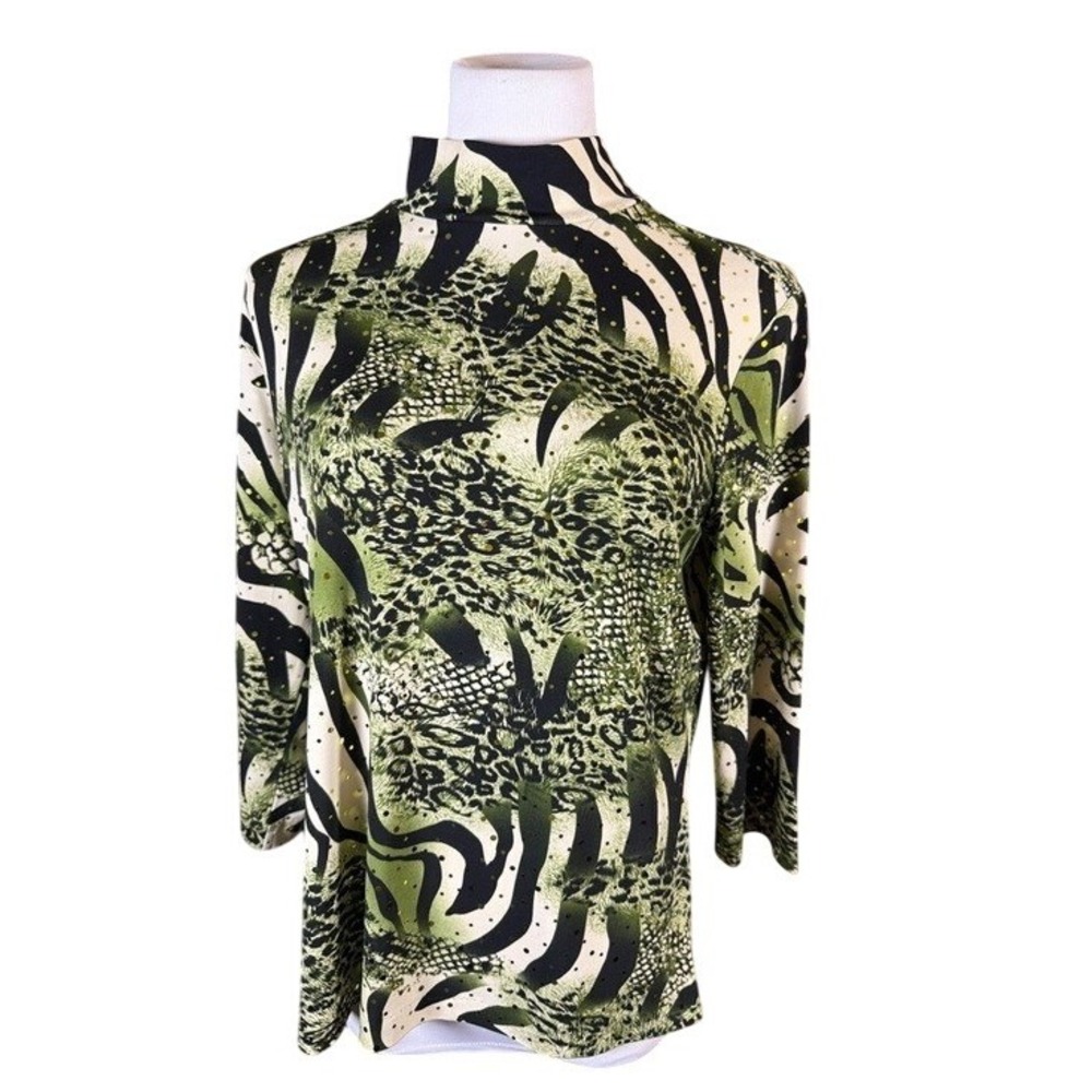 Susan Graver Womens Green Mixed Animal Print Mock Neck Studded Top Small 3/4 Slv